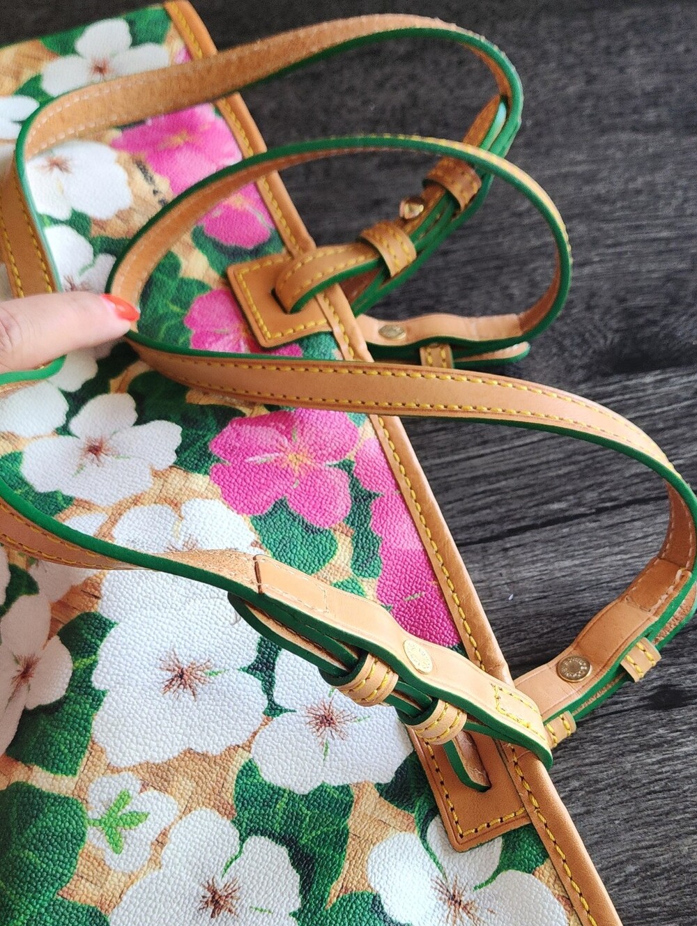 DOONEY & BOURKE NEW Coated Cotton Pansy Shopper Tan Leather Straps - Picture 13 of 15